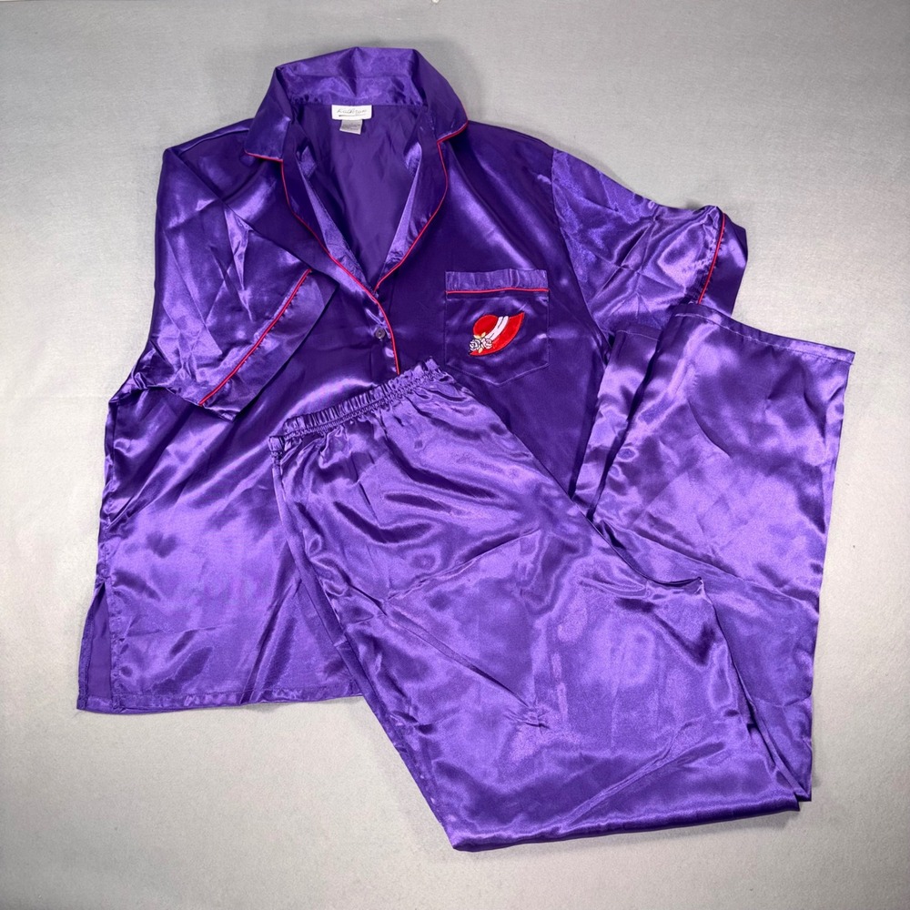 Kathryn Purple Satin Pajama Set Red Hat Society Embroidery Women Large 2 Piece